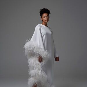 White Feather-Trim Long Sleeve Nightgown